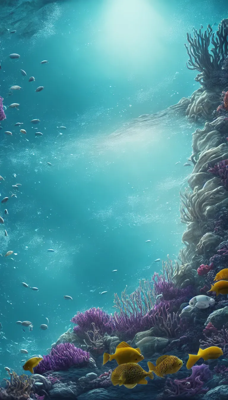 Prompt: highly detailed photo of underwater life in the sea in the style of Greg Rutswoski, iceberg, hyper realistic, wide angle shot, concept art, 8K detail post-processing