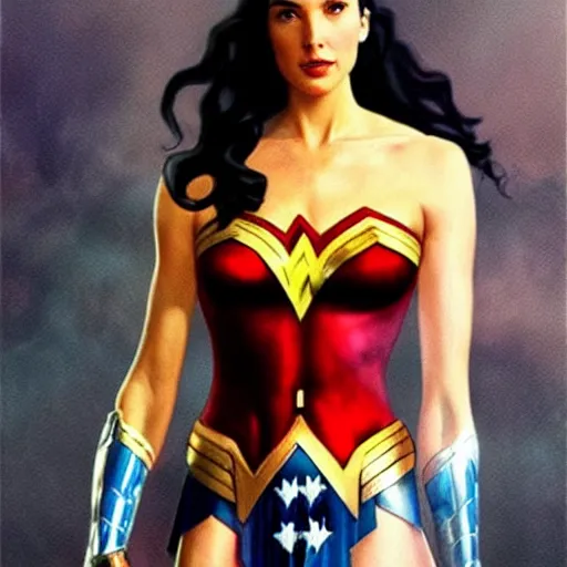 Image similar to A wide angle shot of Gal Gadot as Wonder Woman with athletic body, painting by Alex Ross