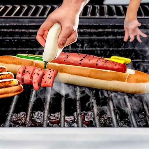 Prompt: white cartoon seal wearing green ski mask cooking hotdogs on the barbecue grill, 8k