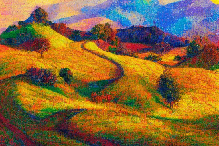Prompt: hills with fruit trees, golden hour, by jill charuk and tsviatko kinchev, saturated, oil painting, glitch colors, 4 k