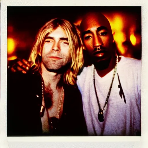 Image similar to Polaroid photograph of Kurt Cobain and Tupac Shakur in a club, blurry, XF IQ4, 150MP, 50mm, F1.4, ISO 200, 1/160s, natural light, Adobe Lightroom, photolab, Affinity Photo, PhotoDirector 365,