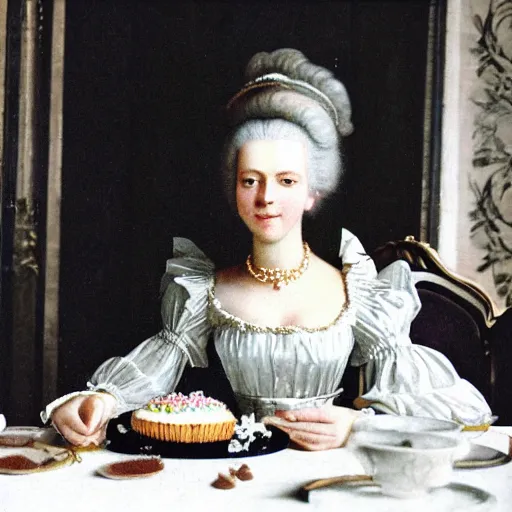 Image similar to a Polaroid of Marie Antoinette eating cake at the Versailles palace in 1792