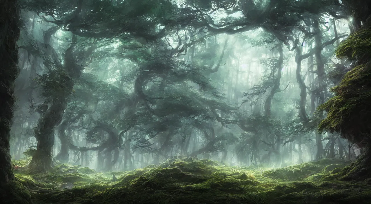 concept art fantasy landscape, mythical forest, hayao