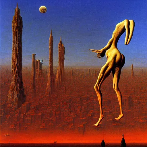 Image similar to a giant rabbit stands over a city painting by beksinski, by larry elmore, dali and barlowe colors. masterpiece painting