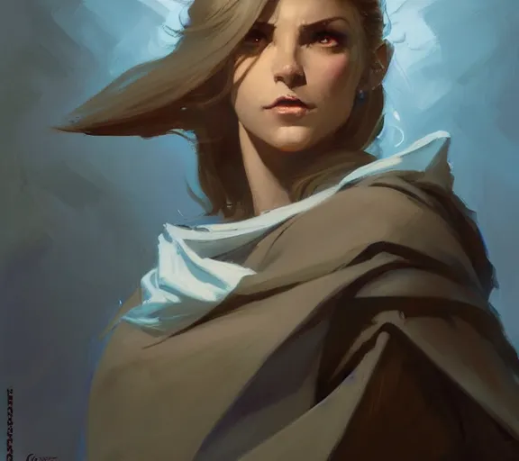 Image similar to greg manchess portrait painting of beautiful mage, d & d, fantasy, medium shot, asymmetrical, intricate, elegant, matte painting, illustration, hearthstone, by greg rutkowski, by greg tocchini, by james gilleard, by joe fenton, dynamic lighting, gradient light blue, brown, blonde cream and white color scheme, grunge aesthetic