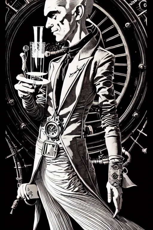 Image similar to side view of a majestic steampunk alchemist wise wizard holding a martini, high details, bold line art, by vincent di fate and joe fenton, inking, etching, screen print, masterpiece, trending on artstation, sharp, high contrast, hyper - detailed,, hd, 4 k, 8 k