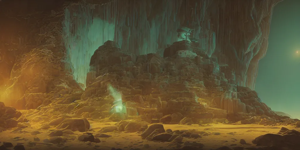 Prompt: Artwork by Beeple of the cinematic view of the Deadly Cave of Spirits, Infernal, Writings.