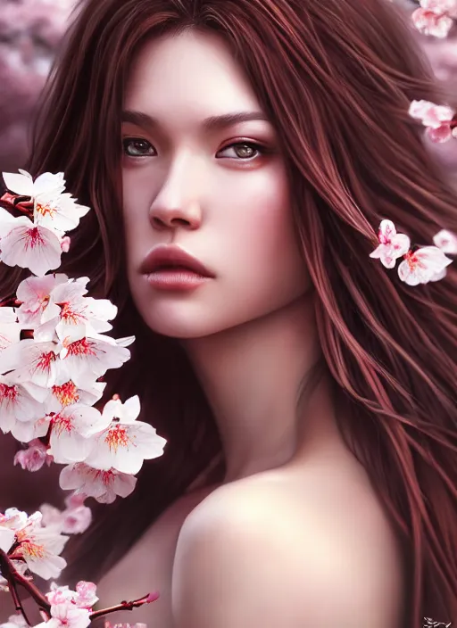 Image similar to photo of a gorgeous female with messy hair in the style of stefan kostic, realistic, body shot, sharp focus, 8 k high definition, insanely detailed, intricate, elegant, art by stanley lau and artgerm, cherry blossoms