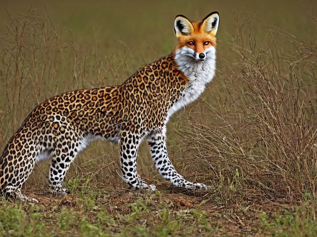 Image similar to a fox with leopard print, natural geographic, high quality photograph, stunning