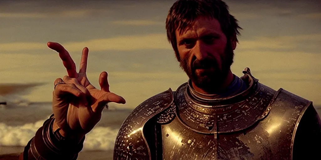 Image similar to film still of closeup a one knight stands on knee with a bloody heart in his outstretched hand by emmanuel lubezki