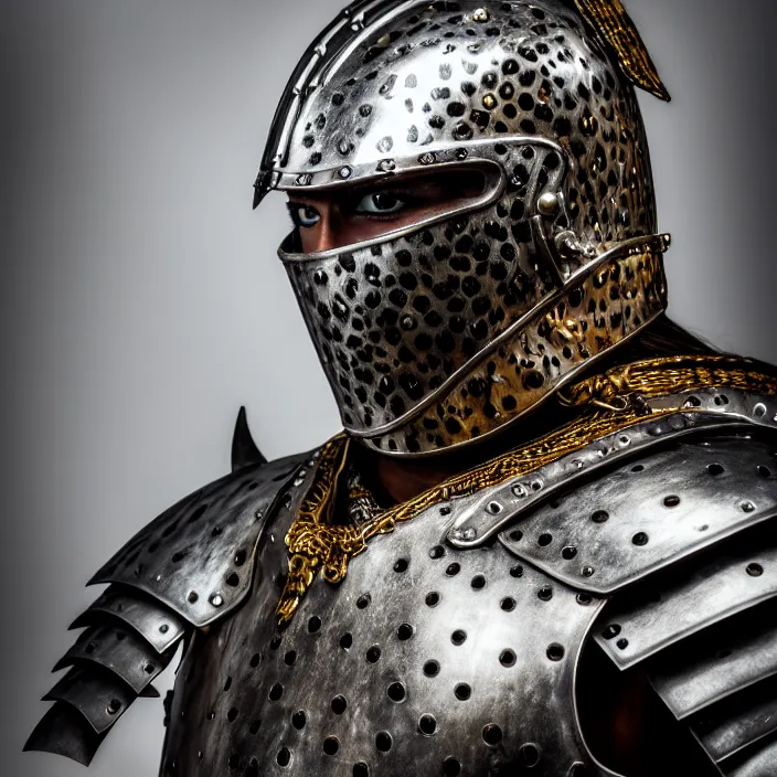 Image similar to portrait photograph of a real-life warrior with metal jaguar armour. Extremely detailed. 8k