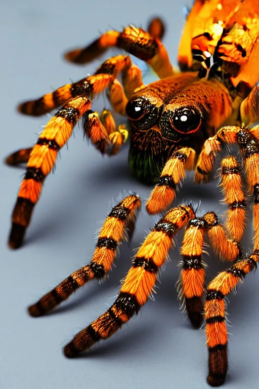 Image similar to high quality close-up photo rococo holographic tarantula! jewelled gorgeous! highly detailed david ligare elson peter cinematic orange neon lighting high quality low angle hd 8k sharp shallow depth of field