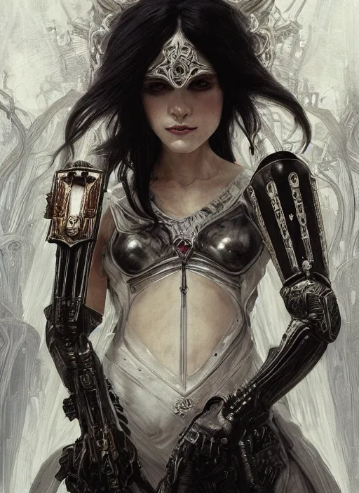 Image similar to portrait of beautiful pale gothic sister of battle, white hairs, warhammer 4 0 0 0 0, cyberpunk, intricate, elegant, highly detailed, digital painting, artstation, concept art, smooth, sharp focus, illustration, art by nikolai fechine and artgerm and greg rutkowski and alphonse mucha and gustav klimt