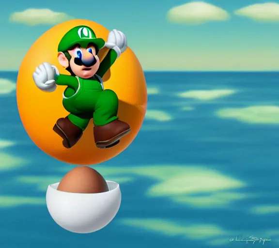 Image similar to luigi floating on an egg over the sea