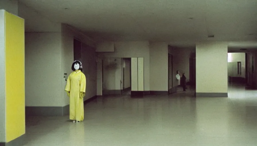 Prompt: 60s movie still of a white japanese female phantom bloody in an empty hospital with light yellow walls, eastmancolor, heavy grain, high quality, higly detailed, liminal space