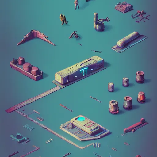 Prompt: context independency game art, detailed, artstation, 8 k, sci - fi, pastel colors, props, panel, concept, simon stalenhag, blueprint, items and gadget, big medium small, blueprint, vintage - w 1 0 2 4