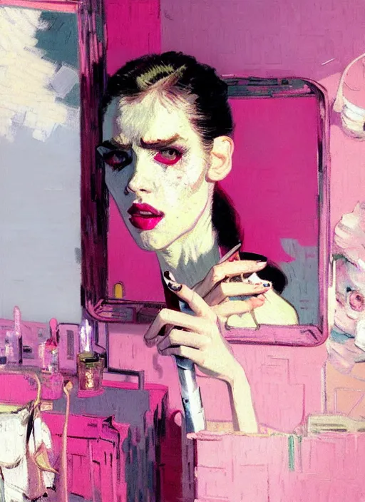 Image similar to portrait of a beautiful girl, putting on lipstick in mirror, shades of pink, beautiful face, rule of thirds, intricate outfit, spotlight, by greg rutkowski, by jeremy mann, by francoise nielly, by van gogh, digital painting