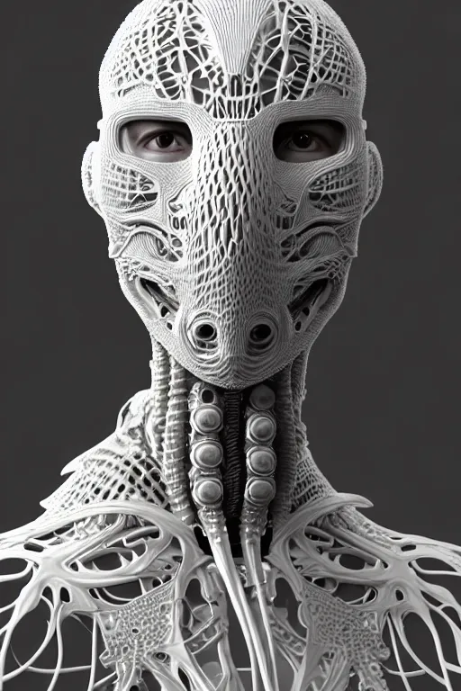 Image similar to bw 3 d render, hyper detailed, stunning beautiful biomechanical albino angry soldier cyborg with a porcelain profile face, beautiful natural soft rim light, big leaves and stems, roots, fine foliage lace, alexander mcqueen, studio ghibli, herge, art nouveau fashion embroidered, steampunk, silver filigree details, hexagonal mesh wire, mandelbrot fractal, 8 k