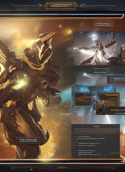 Image similar to warframe with trading card ui and ornate border frame, art station