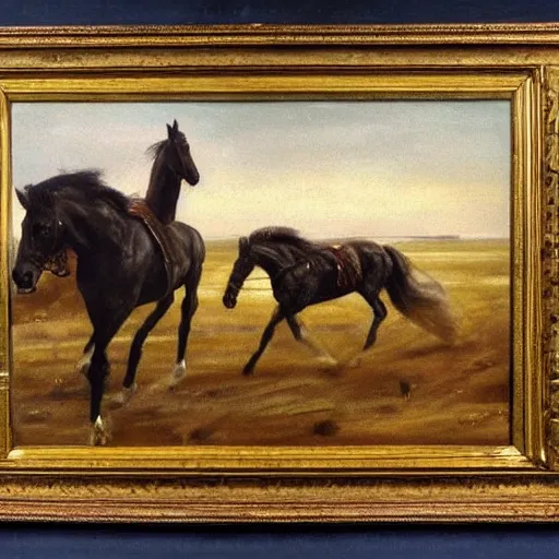 Prompt: a wide angle shot of a horse walking slowly. the scene is detailed and beautiful. the masterpiece painting uses a limited palette of colors, which are applied in a direct and expressive manner. the appearance is flat, with a two - dimensional quality. the composition is rhythmic.