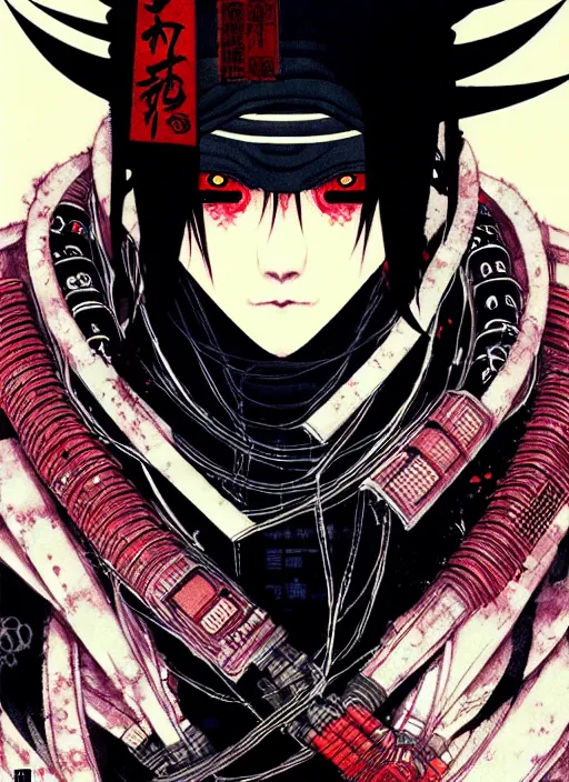 Image similar to a beautiful ukiyo painting of cyberpunk ninja, wearing cyberpunk streetwear, detailed close up portrait, concept art, by takato yamamoto, wlop, krenz cushart. cinematic dramatic atmosphere, sharp focus