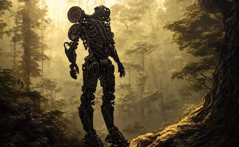 Prompt: detailed intricate digital illustration by greg rutkowski and artgerm and wlop and sanford robinson gifford ; bearded man in an advanced warfare exoskeleton mech suit, standing in the yggdrasil forest large trees ; 1 3 mm film, arri alfa anamorphic lens ; sharp focus, golden hour lighting, trending on artstation 4 k ; close view