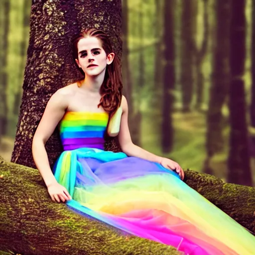 Image similar to photo of emma watson as an elf wearing a long rainbow wedding gown sitting in a colorful forest