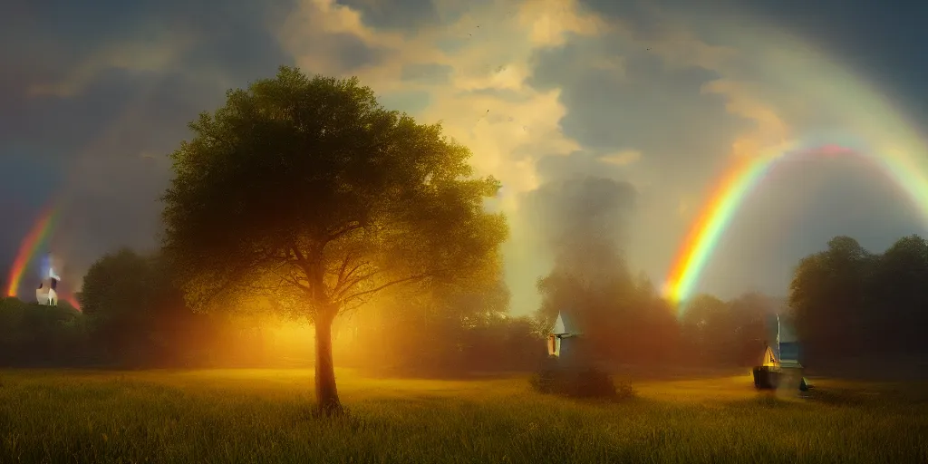 Image similar to idyllic church chapel with a steeple in a lush countryside meadow forest, rainbow across the sky, ethereal, golden swirling dust, iridescent, atmospheric, volumetric, cinematic, light breaking through clouds, greg rutkowski, wlop, otherworldly, glowing, trending on artstation, 8 k, unreal engine