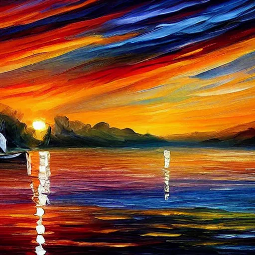 Prompt: sunset on the lake, by leonid afremov