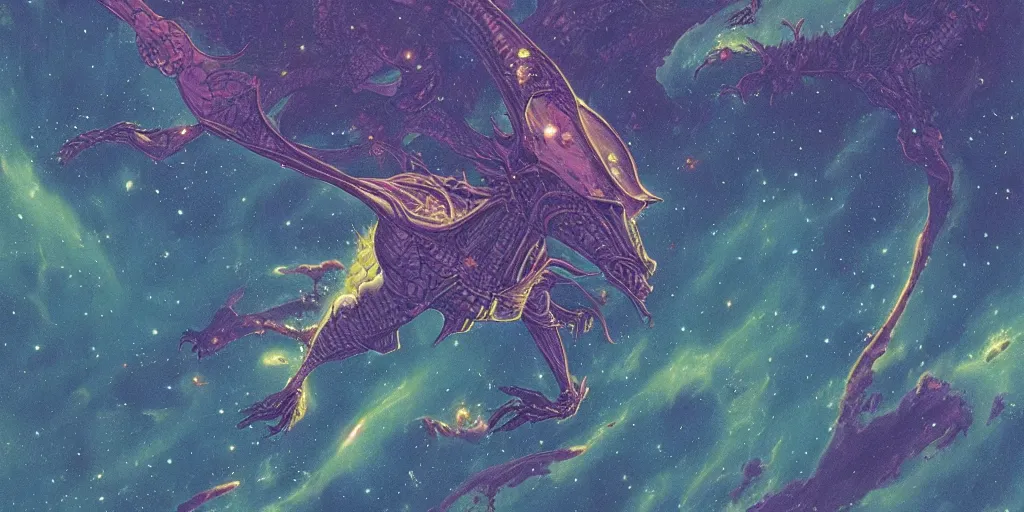 Image similar to an alien dragon flying through outer space, epic nebula, style of jean giraud moebius matte illustration