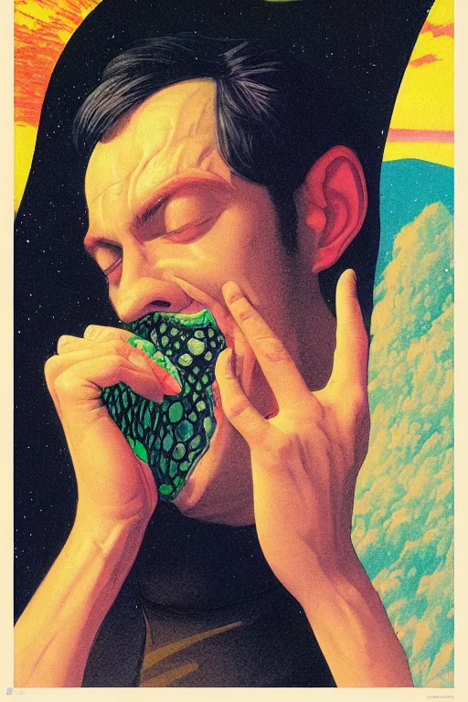 Image similar to a scifi closeup portrait of a young british man licking a blotter paper of LSD acid on his tongue and dreaming psychedelic hallucinations in cosmos, by kawase hasui, moebius, Edward Hopper and James Gilleard, Zdzislaw Beksinski, Steven Outram colorful flat surreal design, hd, 8k, artstation
