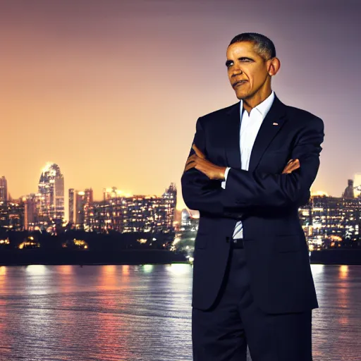 Image similar to a still of Barak Obama. Shallow depth of field. City at night in background, lights, colors ,studio lighting, mood, 4K. Profession photography