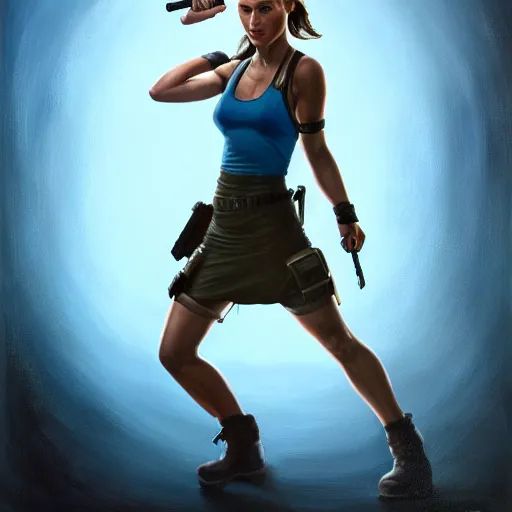 Image similar to Portrait of Natalie Portman as Lara Croft wearing a blue skater dress, Tomb Raider, Alicia Vikander, beautiful, 4k oil on linen by wlop, artgerm, andrei riabovitchev, nuri iyem, james gurney, james jean, greg rutkowski, highly detailed, soft lighting 8k resolution