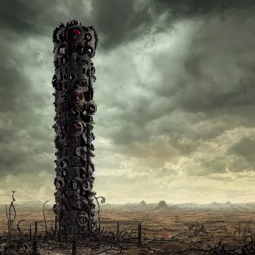 Image similar to giant evil bio-organic fleshy complex machine tower with tendrils and one eyeball at the top looking over a stormy post-apocalyptic wasteland, dystopian art