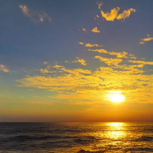 Prompt: sunset on the ocean, water is glowing golden, gold colored glowing water, sun surrounded by blackness, sky completely dark, night sky with stars visible with the sun still on the horizon