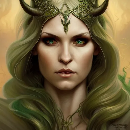 Image similar to Portrait of serious female elven priest, D&D, green eyes, face, long blonde hair, demon wings, fantasy, intricate, elegant, highly detailed, digital painting, artstation, concept art, smooth, sharp focus, illustration, art by artgerm and greg rutkowski and alphonse mucha