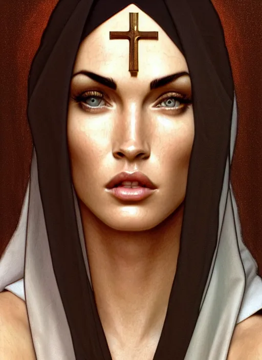 Image similar to portrait of megan fox as a sultry nun, bible, catholic, religion, cross, intricate, headshot, highly detailed, digital painting, artstation, concept art, sharp focus, cinematic lighting, illustration, art by artgerm and greg rutkowski, alphonse mucha, cgsociety