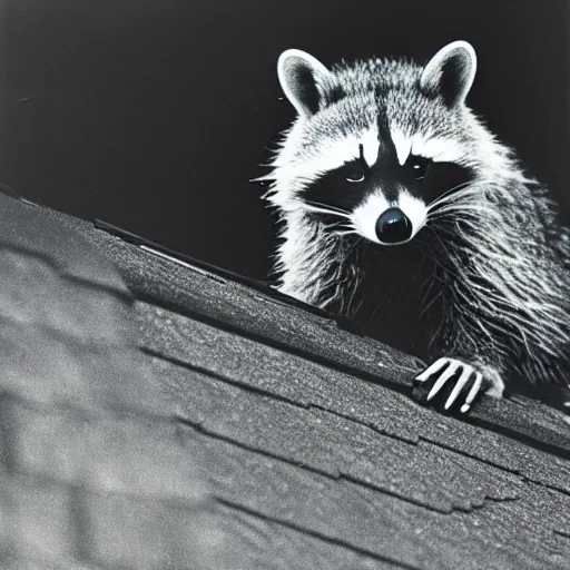 Image similar to 1 9 6 8 national geographic, raccoon on roof, backlit,