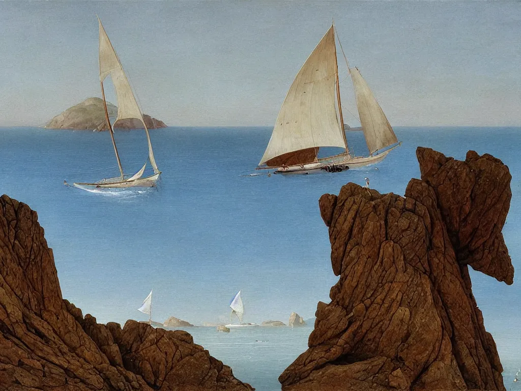 Image similar to A modern white sailing boat on the sea in the Esterel. Painting by Caspar David Friedrich, Roger Dean, Walton Ford