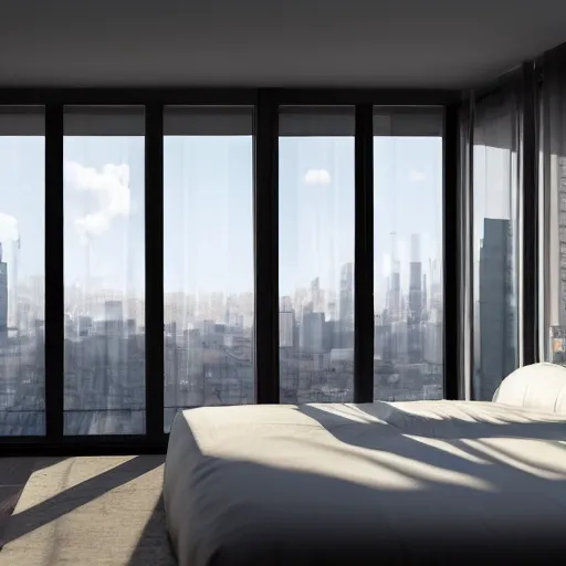 Image similar to brutalist bedroom, big windows, showing city landscape on background, minimalist architecture, minimalist furniture, octane render, high quality, 8 k, post production