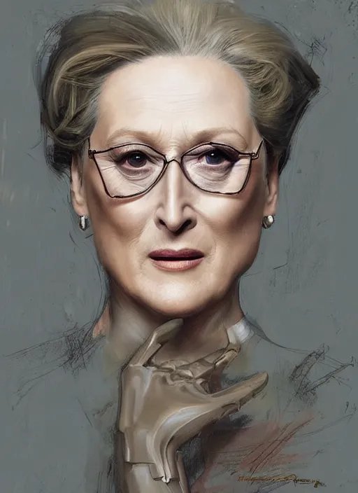 Prompt: a professional painting of a beautiful Meryl Streep, clothed in military armor, olive skin, long dark hair, beautiful bone structure, symmetrical facial features, intricate, elegant, digital painting, concept art, smooth, sharp focus, illustration, from Metal Gear, by Ruan Jia and Mandy Jurgens and Artgerm and William-Adolphe Bouguerea