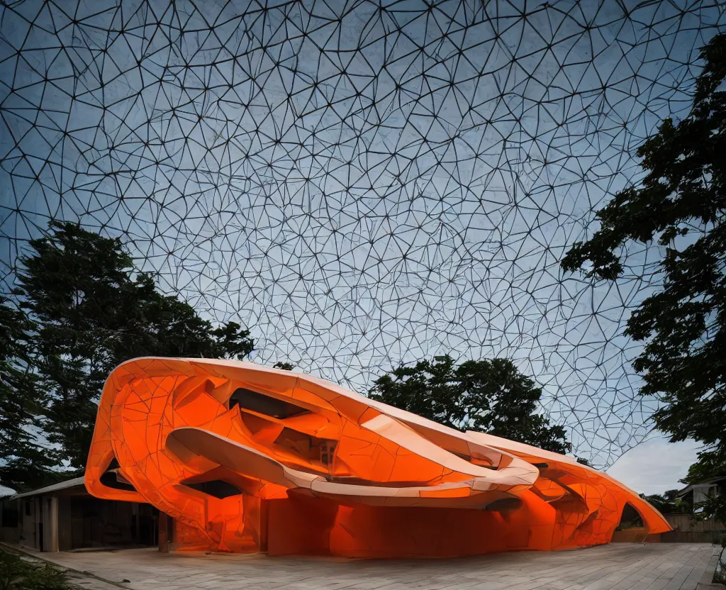 Prompt: photo of the exterior of a futuristic organic japanese house, dramatic lighting, smoke, ceiling fluorescent lighting, black and orange colour palette