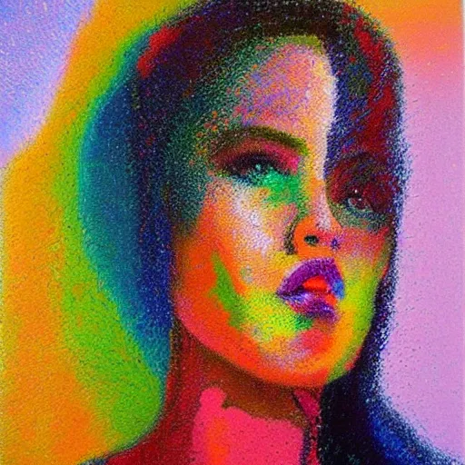 Image similar to oil on canvas, vivid colours, portrait of a beautiful woman, very impressionistic, abstract, pointillism, it is painted really roughly