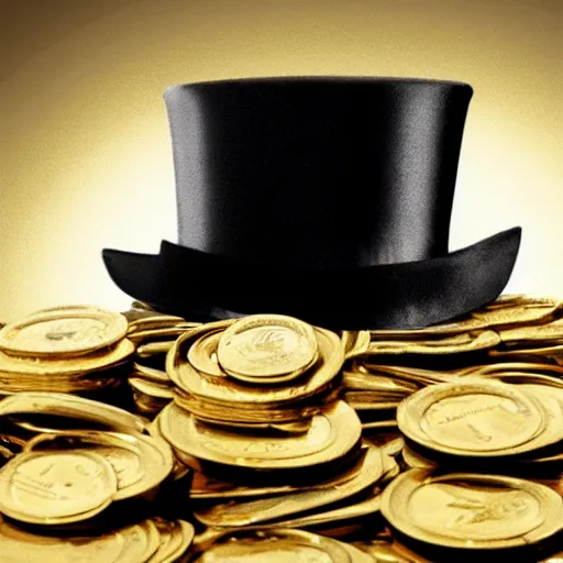 Image similar to A Pomeranian wearing a top-hat and monocle while sitting on a pile of gold coins