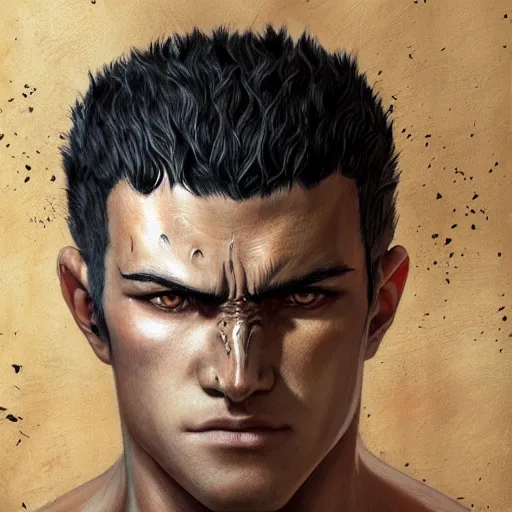 Image similar to ultra realistic portrait of guts from berserk extremely detailed, made by wlop and maxwell boas