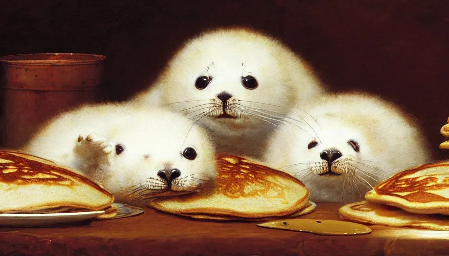 Image similar to highly detailed painting of cute furry white baby seals in a pile of jam pancakes on a table by william turner, by greg rutkowski, by william constable, thick brush strokes and visible paint layers, 4 k resolution