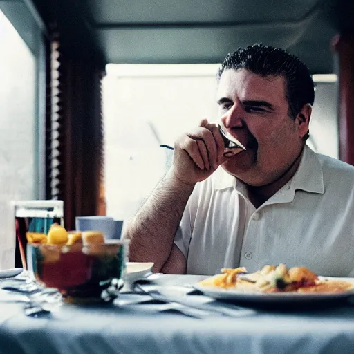 Prompt: closeup portrait of fat wealthy man eating dollar bills at a new york restaurant , by Steve McCurry and David Lazar, natural light, detailed face, CANON Eos C300, ƒ1.8, 35mm, 8K, medium-format print