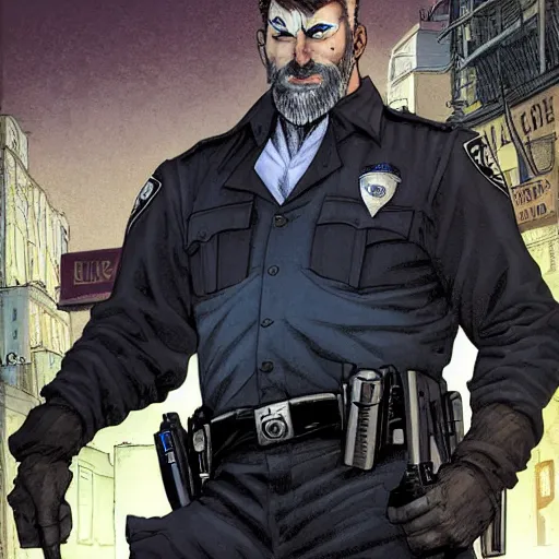 Image similar to portrait of a greying pale vampire police officer with short hair and a patchy beard, close up, grimy streets backdrop, highly detailed, sharp focus, perfect eyes, art by russell dauterman and patrick gleason and stefano caselli and marco checchetto and esad ribic