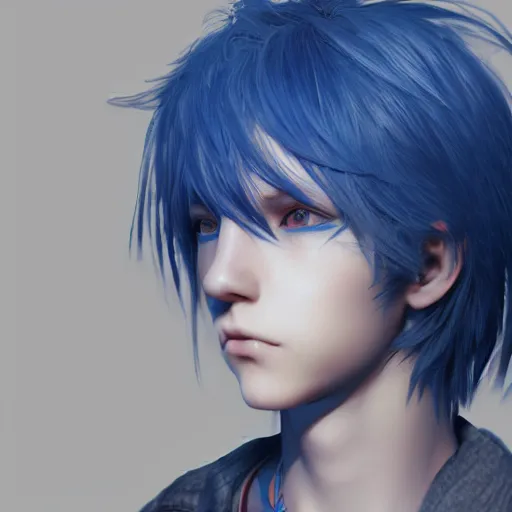 Prompt: portrait of young boy, blue hair, long hair, highly detailed 3D render, 8k, rpg concept art character, jrpg character, manga, anime, video game character, concept art, by Yoshitaka Amano