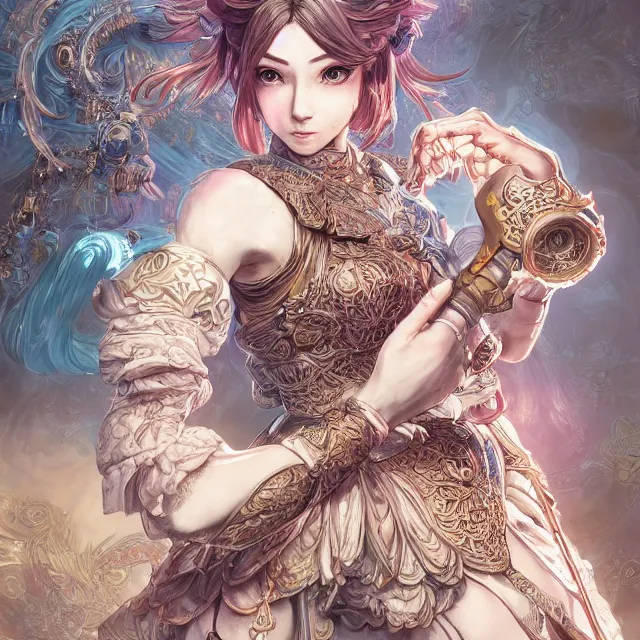 Image similar to the portrait of neutral good colorful female cleric bard as absurdly beautiful, gorgeous, elegant, skinny young gravure idol, an ultrafine hyperdetailed illustration by kim jung gi, irakli nadar, intricate linework, sharp focus, bright colors, octopath traveler, final fantasy, unreal engine 5 highly rendered, global illumination, radiant light, detailed and intricate environment